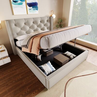 ACKERMAN Lit Double Hydraulique Capitonné 160x200cm, Sommier À Lattes En Métal, Cadre De Lit Moderne Avec Espace De Rangement, Coton, Gris Clair - Publicité ACKERMAN Lit Double Hydraulique Capitonné 160x200cm, Sommier À Lattes En Métal, Cadre De Lit Moderne Avec Espace De Rangement, Coton, Gris Clair - Publicité