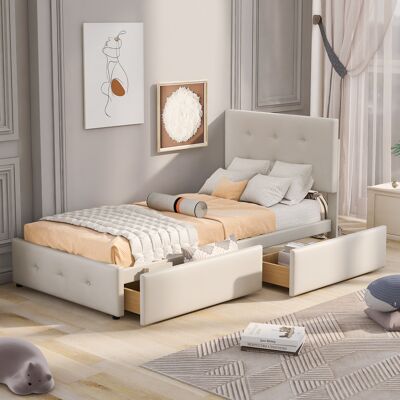 ACKERMAN Lit Capitonné 90 X 200 Cm Lit Avec Sommier À Lattes, Dossier Et Deux Tiroirs, Tissu Velours Doux Pour La Peau Beige Lit Simple Plat Lit D'Enfant Lit Jeune Lit D'Appoint (sans Matelas) - Publicité ACKERMAN Lit Capitonné 90 X 200 Cm Lit Avec Sommier À Lattes, Dossier Et Deux Tiroirs, Tissu Velours Doux Pour La Peau Beige Lit Simple Plat Lit D'Enfant Lit Jeune Lit D'Appoint (sans Matelas) - Publicité