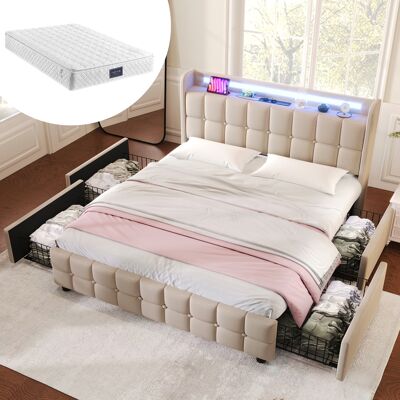 ACKERMAN Lit Rembourré Avec Fonction De Chargement Usb, Tête De Lit, Éclairage Led Et 4 Tiroirs Lit Double 140x200cm Cadre De Lit Coffre Sommier À Lattes En Bois Beige (avec Matelas) - Publicité ACKERMAN Lit Rembourré Avec Fonction De Chargement Usb, Tête De Lit, Éclairage Led Et 4 Tiroirs Lit Double 140x200cm Cadre De Lit Coffre Sommier À Lattes En Bois Beige (avec Matelas) - Publicité