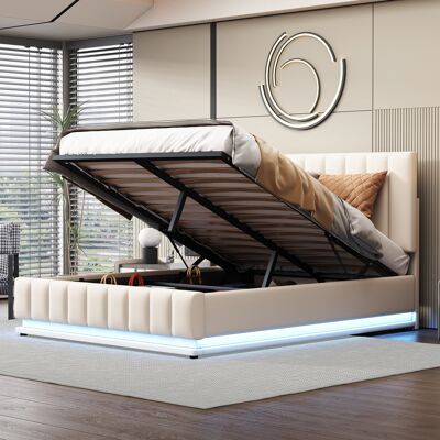 ACKERMAN Lit Capitonné 140 X 200 Cm Avec Led, Sommier Métallique Et Coffre, Lit Double Avec Tête De Lit Capitonnée Réglable En Hauteur Et Coffre Hydraulique, Blanc (sans Matelas) - Publicité ACKERMAN Lit Capitonné 140 X 200 Cm Avec Led, Sommier Métallique Et Coffre, Lit Double Avec Tête De Lit Capitonnée Réglable En Hauteur Et Coffre Hydraulique, Blanc (sans Matelas) - Publicité