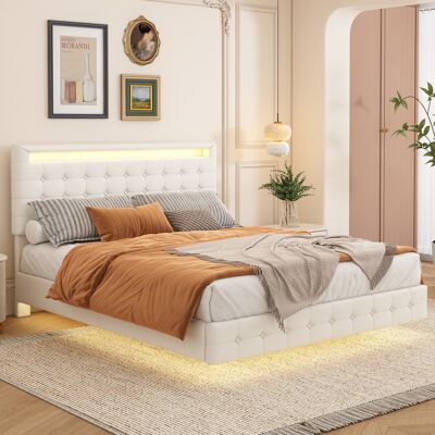 ACKERMAN Lit Plat 140 X 200 Cm, Éclairage D'Ambiance Led, Suspension, Matière Simili Cuir, Réglage Du Dossier En 3 Hauteurs, Blanc - Publicité ACKERMAN Lit Plat 140 X 200 Cm, Éclairage D'Ambiance Led, Suspension, Matière Simili Cuir, Réglage Du Dossier En 3 Hauteurs, Blanc - Publicité