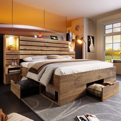 ACKERMAN Lit Double En Bois 160x200 Cm Avec Spots Led Intégrés Et Port Usb Type-c, Niche Éclairée, Tables De Chevet Suspendues, Rangement Sous Le Lit Avec Tiroirs, Aspect Chêne, Sans Matelas - Publicité ACKERMAN Lit Double En Bois 160x200 Cm Avec Spots Led Intégrés Et Port Usb Type-c, Niche Éclairée, Tables De Chevet Suspendues, Rangement Sous Le Lit Avec Tiroirs, Aspect Chêne, Sans Matelas - Publicité