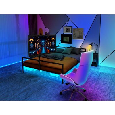 ACKERMAN Lit Gaming Noir Avec Support Réglable, Éclairage Led Et Paniers De Rangement Sous Le Lit, Grand Lit Métallique De 206 Cm De Long - Publicité ACKERMAN Lit Gaming Noir Avec Support Réglable, Éclairage Led Et Paniers De Rangement Sous Le Lit, Grand Lit Métallique De 206 Cm De Long - Publicité