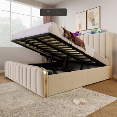 ACKERMAN Lit Capitonné Double Avec Tête De Lit Rembourrée Ornée De Rayures Décoratives Dorées Et Fonction De Chargement Usb Type-c, 180200 Cm, Revêtement En Lin Beige, Lit Coffre Hydraulique (matelas Non Inclu - Publicité ACKERMAN Lit Capitonné Double Avec Tête De Lit Rembourrée Ornée De Rayures Décoratives Dorées Et Fonction De Chargement Usb Type-c, 180200 Cm, Revêtement En Lin Beige, Lit Coffre Hydraulique (matelas Non Inclu - Publicité