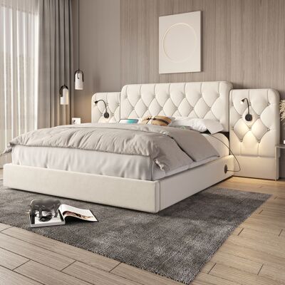ACKERMAN Cadre De Lit Avec Tête De Lit Longue, Tissu Velours Tendance, Multiples Ports Usb, Lampe De Bureau, Système Hydraulique, Grand Coffre Inférieur, 180 X 200 Cm, Beige - Publicité ACKERMAN Cadre De Lit Avec Tête De Lit Longue, Tissu Velours Tendance, Multiples Ports Usb, Lampe De Bureau, Système Hydraulique, Grand Coffre Inférieur, 180 X 200 Cm, Beige - Publicité