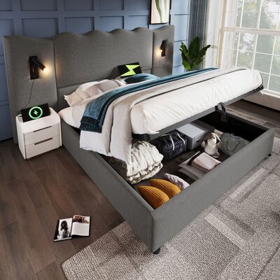 ACKERMAN Lit Double Capitonné 160x200 Avec Lampe De Lecture Et Fonction De Chargement Usb Type-c, Cadre De Lit Coffre Avec Sommier À Lattes En Bois Massif Et Métal, Gris, Lin (sans Matelas) - Publicité ACKERMAN Lit Double Capitonné 160x200 Avec Lampe De Lecture Et Fonction De Chargement Usb Type-c, Cadre De Lit Coffre Avec Sommier À Lattes En Bois Massif Et Métal, Gris, Lin (sans Matelas) - Publicité