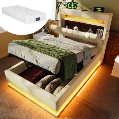 ACKERMAN Lit Simple Rembourré 90x200cm, Tête De Lit Avec Rangement, Ports Usb Et Type-c, Éclairage Led En Tête Et En Pied De Lit, Avec Rangement Hydraulique, Beige, Lin, Avec Matelas. Publicité ACKERMAN Lit Simple Rembourré 90x200cm, Tête De Lit Avec Rangement, Ports Usb Et Type-c, Éclairage Led En Tête Et En Pied De Lit, Avec Rangement Hydraulique, Beige, Lin, Avec Matelas. Publicité