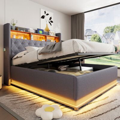 ACKERMAN Lit Capitonné Led 160 X 200 Cm, Lit Coffre Capitonné Avec Port De Charge Usb Et Rangement Hydraulique, Tissu Lin Hypoallergénique, Gris - Publicité ACKERMAN Lit Capitonné Led 160 X 200 Cm, Lit Coffre Capitonné Avec Port De Charge Usb Et Rangement Hydraulique, Tissu Lin Hypoallergénique, Gris - Publicité