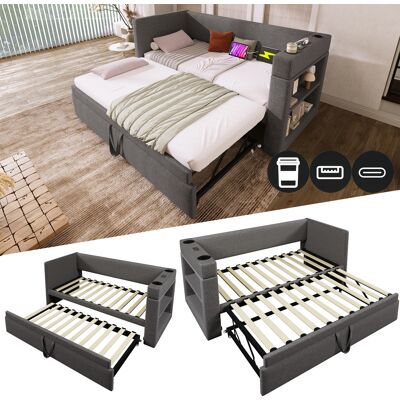 ACKERMAN Lit De Jour Capitonné 90x190 Cm, Canapé-lit Une Place Avec Lit Gigogne, Accoudoirs Avec Port De Chargement Usb Et Type-c Et Porte-gobelet, Tissu En Mélange De Lin, Gris, Sans Matelas. Publicité ACKERMAN Lit De Jour Capitonné 90x190 Cm, Canapé-lit Une Place Avec Lit Gigogne, Accoudoirs Avec Port De Chargement Usb Et Type-c Et Porte-gobelet, Tissu En Mélange De Lin, Gris, Sans Matelas. Publicité