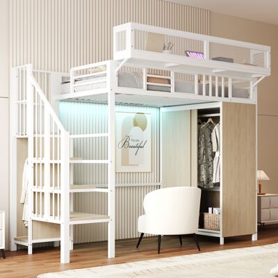 ACKERMAN Lit Mezzanine En Métal 90 × 200 Cm Avec Armoire, Échelle De Sécurité, Éclairage Led Et Barrières De Protection En Filet Avec Étagères Amovibles, Blanc - Publicité ACKERMAN Lit Mezzanine En Métal 90 × 200 Cm Avec Armoire, Échelle De Sécurité, Éclairage Led Et Barrières De Protection En Filet Avec Étagères Amovibles, Blanc - Publicité