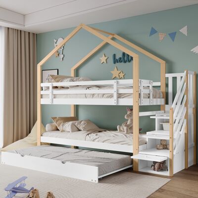 LEMONBEST Lit Superposé Cabane Enfant 90x200 Cm Avec Lit Gigogne 90x190 Cm, Escalier 3 Tiroirs, Barrières De Sécurité Et Sommiers, Naturel/blanc - Publicité LEMONBEST Lit Superposé Cabane Enfant 90x200 Cm Avec Lit Gigogne 90x190 Cm, Escalier 3 Tiroirs, Barrières De Sécurité Et Sommiers, Naturel/blanc - Publicité