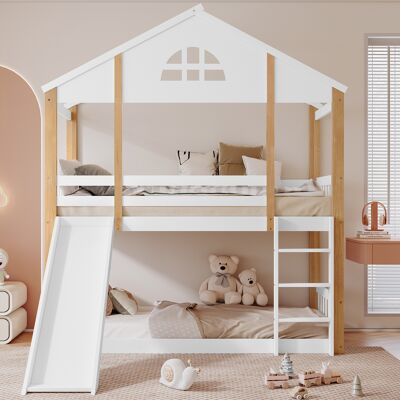 ACKERMAN Lit Superposé Avec Fenêtres Caractéristiques Et Échelle Inclinée À 3 Marches, Lit D'Enfant Avec Toboggan, Lit Maison Avec Barrières Et Protection Anti-chute, Cadre De Lit En Bois Massif, Blanc+naturel - Publicité ACKERMAN Lit Superposé Avec Fenêtres Caractéristiques Et Échelle Inclinée À 3 Marches, Lit D'Enfant Avec Toboggan, Lit Maison Avec Barrières Et Protection Anti-chute, Cadre De Lit En Bois Massif, Blanc+naturel - Publicité
