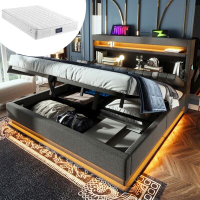 ACKERMAN Lit Double Capitonné 140x200cm, Tête De Lit Avec Rangement, Ports Usb Et Type-c, Éclairage Led En Tête Et En Pied De Lit, Avec Rangement Hydraulique, Gris, Lin, Avec Matelas. Publicité ACKERMAN Lit Double Capitonné 140x200cm, Tête De Lit Avec Rangement, Ports Usb Et Type-c, Éclairage Led En Tête Et En Pied De Lit, Avec Rangement Hydraulique, Gris, Lin, Avec Matelas. Publicité