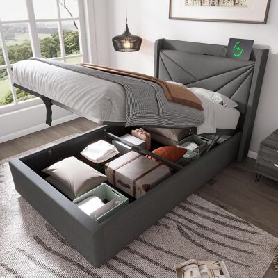 OEM Lit Rembourré, Lit Simple Avec Rangement, Coffre De Lit Avec Fonction De Chargement Usb Type C, Tête De Lit, Lits Coffres, Cadre De Lit En Lin, Lit Enfant 90x200 Avec Sommier À Lattes (sans Matelas... Publicité OEM Lit Rembourré, Lit Simple Avec Rangement, Coffre De Lit Avec Fonction De Chargement Usb Type C, Tête De Lit, Lits Coffres, Cadre De Lit En Lin, Lit Enfant 90x200 Avec Sommier À Lattes (sans Matelas... Publicité