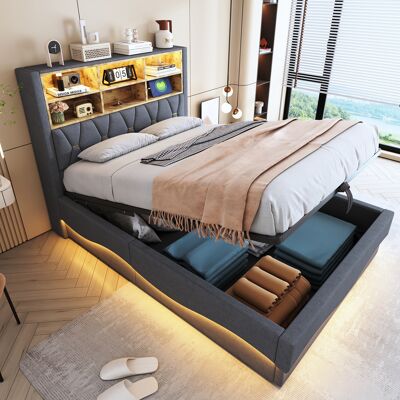 ACKERMAN Lit Capitonné 140 X 200 Avec Rangement Hydraulique Bandeau Led Contrôlable Par App Port De Charge Usb Sommier À Lattes En Métal Capitonage En Lin Gris. Publicité ACKERMAN Lit Capitonné 140 X 200 Avec Rangement Hydraulique Bandeau Led Contrôlable Par App Port De Charge Usb Sommier À Lattes En Métal Capitonage En Lin Gris. Publicité