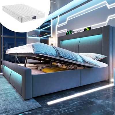 ACKERMAN Lit Double 140x200 Cm Avec Rangement, Sommier Hydraulique, Éclairage Led Contrôlable Par Application, Ports De Chargement Usb Et Type-c, Revêtement En Velours, Tête De Lit Incurvée, Gris, Matelas Incl - Publicité ACKERMAN Lit Double 140x200 Cm Avec Rangement, Sommier Hydraulique, Éclairage Led Contrôlable Par Application, Ports De Chargement Usb Et Type-c, Revêtement En Velours, Tête De Lit Incurvée, Gris, Matelas Incl - Publicité