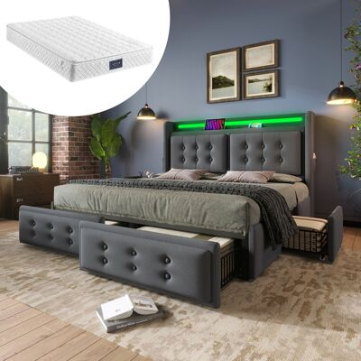 ACKERMAN Lit Rembourré 160x200, Lit Double Avec Tête De Lit Led Et Fonction De Chargement Usb C Et 4 Tiroirs, Lit Coffre Avec Sommier À Lattes En Bois Et Cadre En Métal, Capacité De Charge 300 Kg, Gris, Coton - Publicité ACKERMAN Lit Rembourré 160x200, Lit Double Avec Tête De Lit Led Et Fonction De Chargement Usb C Et 4 Tiroirs, Lit Coffre Avec Sommier À Lattes En Bois Et Cadre En Métal, Capacité De Charge 300 Kg, Gris, Coton - Publicité
