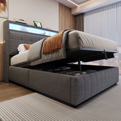 ACKERMAN Lit Capitonné 140 X 200 Cm, Avec Éclairage Led Et Prise Usb, Dossier Avec Étagères Et Rangement, Avec Rangement Hydraulique Avec Compartiments De Rangement, Lit Double Pour Adultes Avec Sommier À Latt - Publicité ACKERMAN Lit Capitonné 140 X 200 Cm, Avec Éclairage Led Et Prise Usb, Dossier Avec Étagères Et Rangement, Avec Rangement Hydraulique Avec Compartiments De Rangement, Lit Double Pour Adultes Avec Sommier À Latt - Publicité