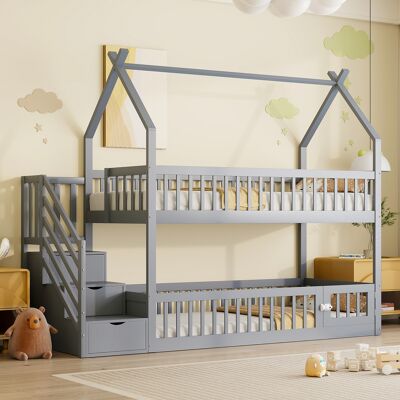 ACKERMAN Lit Superposé D'Enfant 90x200 En Bois Massif Avec Toit, Échelle De Sécurité Et Tiroirs De Rangement, Lit D'Enfant À Rangement, Lit Individuel, Gris - Publicité ACKERMAN Lit Superposé D'Enfant 90x200 En Bois Massif Avec Toit, Échelle De Sécurité Et Tiroirs De Rangement, Lit D'Enfant À Rangement, Lit Individuel, Gris - Publicité
