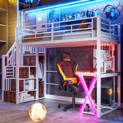 ACKERMAN Lit Mezzanine, 90200cm, Avec Éclairage Led, Échelle De Rangement, Bureau, Penderie, Étagères, Sans Matelas, Blanc - Publicité ACKERMAN Lit Mezzanine, 90200cm, Avec Éclairage Led, Échelle De Rangement, Bureau, Penderie, Étagères, Sans Matelas, Blanc - Publicité