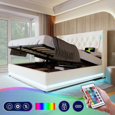 ACKERMAN Lit Double Capitonné 160200 Cm, Revêtement En Polyuréthane Blanc, Sommier Coffre Hydraulique, Tête De Lit Rembourrée Avec Port De Chargement Usb Type-c, Éclairage Led Sur 3 Côtés (matelas Non Inclus) - Publicité ACKERMAN Lit Double Capitonné 160200 Cm, Revêtement En Polyuréthane Blanc, Sommier Coffre Hydraulique, Tête De Lit Rembourrée Avec Port De Chargement Usb Type-c, Éclairage Led Sur 3 Côtés (matelas Non Inclus) - Publicité