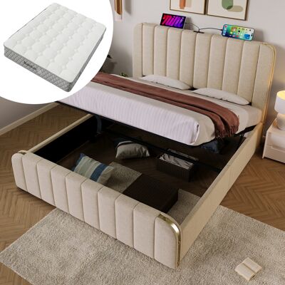 ACKERMAN Lit Capitonné Double Avec Tête De Lit Rembourrée Ornée De Rayures Décoratives Dorées Et Fonction De Chargement Usb Type-c, 140200 Cm, Revêtement En Lin Beige, Lit Coffre Hydraulique, Capacité De Charg - Publicité ACKERMAN Lit Capitonné Double Avec Tête De Lit Rembourrée Ornée De Rayures Décoratives Dorées Et Fonction De Chargement Usb Type-c, 140200 Cm, Revêtement En Lin Beige, Lit Coffre Hydraulique, Capacité De Charg - Publicité