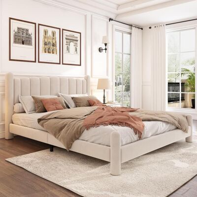 OEM Lit Capitonné 160 X 200 Cm Avec Sommier À Lattes Et Tête De Lit, Tête De Lit Élégante En Forme D'Éventail, Pieds De Soutien Cylindriques, Velours Beige - Publicité OEM Lit Capitonné 160 X 200 Cm Avec Sommier À Lattes Et Tête De Lit, Tête De Lit Élégante En Forme D'Éventail, Pieds De Soutien Cylindriques, Velours Beige - Publicité