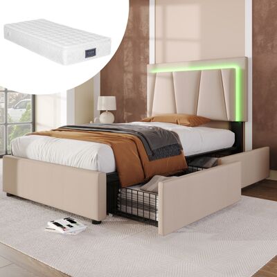 ACKERMAN Lit Capitonné Avec Éclairage Led Et 2 Tiroirs, Tête De Lit Réglable En Hauteur, Lit Simple 90x200cm, Cadre De Lit Avec Rangement, Sommier À Lattes En Bois, Beige (avec Matelas) - Publicité ACKERMAN Lit Capitonné Avec Éclairage Led Et 2 Tiroirs, Tête De Lit Réglable En Hauteur, Lit Simple 90x200cm, Cadre De Lit Avec Rangement, Sommier À Lattes En Bois, Beige (avec Matelas) - Publicité