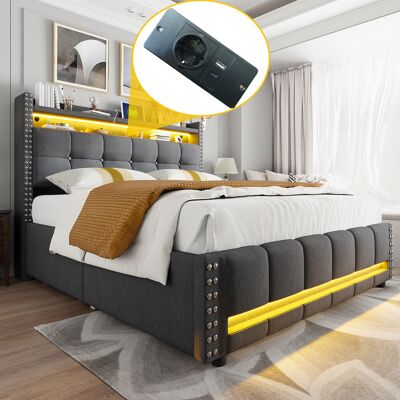 ARRIGONI Lit Capitonné 160200 Cm Avec Éclairage Led Et Prise Usb, Tête De Lit Avec Étagères Et Espace De Rangement À 4 Tiroirs, Lit Double Pour Adulte, Tissu Lin Gris - Publicité ARRIGONI Lit Capitonné 160200 Cm Avec Éclairage Led Et Prise Usb, Tête De Lit Avec Étagères Et Espace De Rangement À 4 Tiroirs, Lit Double Pour Adulte, Tissu Lin Gris - Publicité