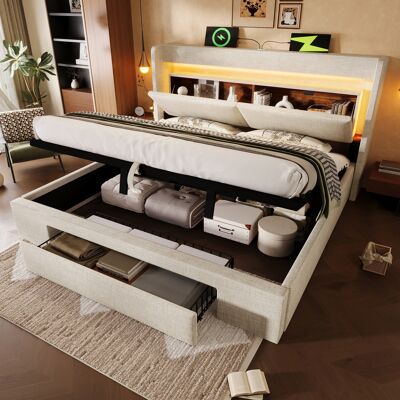 ACKERMAN Lit Capitonné 180x200 Cm Avec Rangement Hydraulique Et Tête De Lit Avec Compartiment De Rangement, Éclairage Led Et Ports Usb Et Usb-c, Sommier À Lattes En Bois, Beige, Lin, Sans Matelas - Publicité ACKERMAN Lit Capitonné 180x200 Cm Avec Rangement Hydraulique Et Tête De Lit Avec Compartiment De Rangement, Éclairage Led Et Ports Usb Et Usb-c, Sommier À Lattes En Bois, Beige, Lin, Sans Matelas - Publicité