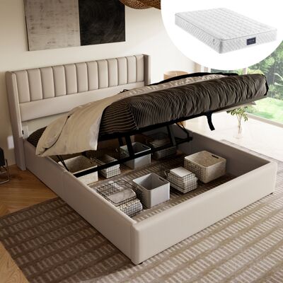 ACKERMAN Lit Coffre, Lit Capitonné, Lit Double Hydraulique 140x200cm, Sommier À Lattes En Bois, Lit Avec Cadre À Lattes En Métal, Lin, Beige (avec Matelas) - Publicité ACKERMAN Lit Coffre, Lit Capitonné, Lit Double Hydraulique 140x200cm, Sommier À Lattes En Bois, Lit Avec Cadre À Lattes En Métal, Lin, Beige (avec Matelas) - Publicité