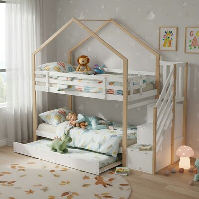 LEMONBEST Lit Superposé Enfant 3 Places 90x190/200 Cm Bois Naturel Avec Lit Gigogne, Rangement, Barrières Et Sommier À Lattes - Publicité LEMONBEST Lit Superposé Enfant 3 Places 90x190/200 Cm Bois Naturel Avec Lit Gigogne, Rangement, Barrières Et Sommier À Lattes - Publicité