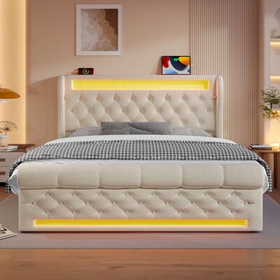 LEMONBEST Lit Capitonné 140x190 Cm Avec Rangement Hydraulique Lit Doubleavec Éclairage Led , Ports Usb Et Type-c, Velours ,beige - Publicité LEMONBEST Lit Capitonné 140x190 Cm Avec Rangement Hydraulique Lit Doubleavec Éclairage Led , Ports Usb Et Type-c, Velours ,beige - Publicité