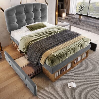 LEMONBEST Lit Simple Rembourré 90x200 Cm Lit Ado Avec Rangement, Tiroirs, Tête De Lit Capitonnée Réglable, Sommier À Lattes - Velours - Gris - Publicité LEMONBEST Lit Simple Rembourré 90x200 Cm Lit Ado Avec Rangement, Tiroirs, Tête De Lit Capitonnée Réglable, Sommier À Lattes - Velours - Gris - Publicité