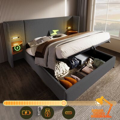 ACKERMAN Lit Double Capitonné 180x200 Avec Table De Chevet, Lampe De Lecture Et Fonction De Chargement Usb Type-c, Cadre De Lit Avec Rangement Et Sommier À Lattes En Bois Massif Et Métal, Gris, Lin (matelas No - Publicité ACKERMAN Lit Double Capitonné 180x200 Avec Table De Chevet, Lampe De Lecture Et Fonction De Chargement Usb Type-c, Cadre De Lit Avec Rangement Et Sommier À Lattes En Bois Massif Et Métal, Gris, Lin (matelas No - Publicité