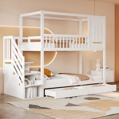 ACKERMAN Lit Superposé Lit D'Enfant 90 X 200 Cm, Lit Double En Bois Massif, Forme Maison Avec Fenêtres, Design Avec Barrière De Sécurité, Avec Tiroirs De Rangement Et Échelle De Sécurité, Blanc, Ancien Sku Ldb - Publicité ACKERMAN Lit Superposé Lit D'Enfant 90 X 200 Cm, Lit Double En Bois Massif, Forme Maison Avec Fenêtres, Design Avec Barrière De Sécurité, Avec Tiroirs De Rangement Et Échelle De Sécurité, Blanc, Ancien Sku Ldb - Publicité