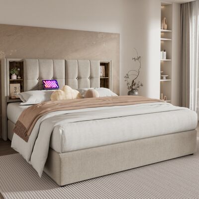 ACKERMAN Lit Double Avec Chargeur Sans Fil Usb-c, Cadre De Lit Rembourré 180 X 200 Cm, Cadre De Lit Avec Espace De Rangement, Sommier À Lattes En Bois - Lin Naturel - Publicité ACKERMAN Lit Double Avec Chargeur Sans Fil Usb-c, Cadre De Lit Rembourré 180 X 200 Cm, Cadre De Lit Avec Espace De Rangement, Sommier À Lattes En Bois - Lin Naturel - Publicité