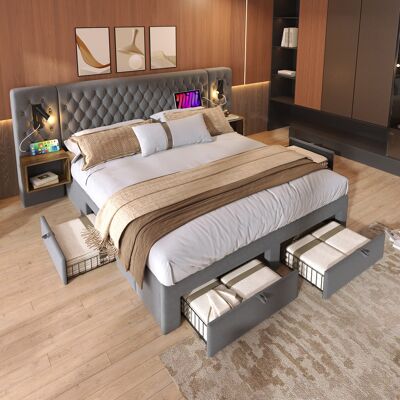 ACKERMAN Ensemble De Chambre À Coucher, Lit Double Capitonné 160×200 Cm Avec 2 Tables De Chevet Et 4 Tiroirs, Lampe De Lecture De Tête De Lit Avec Fonction De Chargement Usb, Gris, Velours (matelas Non Inclus) - Publicité ACKERMAN Ensemble De Chambre À Coucher, Lit Double Capitonné 160×200 Cm Avec 2 Tables De Chevet Et 4 Tiroirs, Lampe De Lecture De Tête De Lit Avec Fonction De Chargement Usb, Gris, Velours (matelas Non Inclus) - Publicité