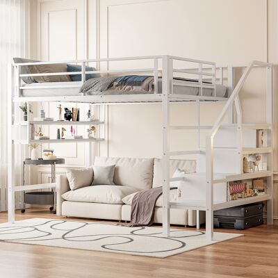 ACKERMAN Lit Mezzanine, 140200cm, Clayettes, Échelle De Rangement, Espace Libre Sous Le Lit Pour Aménagement, Rambarde, Sans Matelas, Blanc - Publicité ACKERMAN Lit Mezzanine, 140200cm, Clayettes, Échelle De Rangement, Espace Libre Sous Le Lit Pour Aménagement, Rambarde, Sans Matelas, Blanc - Publicité