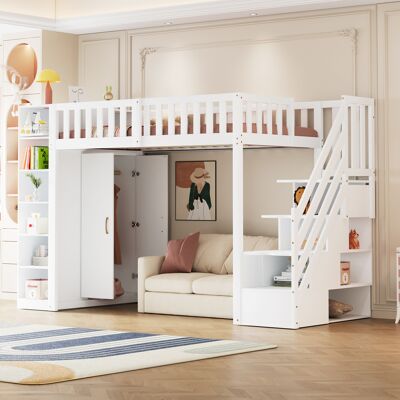 ACKERMAN Lit Mezzanine Multifonctionnel 90x200 Cm Avec Étagères, Armoire De Rangement Et Grande Penderie, Escalier De Sécurité Avec Compartiments, Blanc - Publicité ACKERMAN Lit Mezzanine Multifonctionnel 90x200 Cm Avec Étagères, Armoire De Rangement Et Grande Penderie, Escalier De Sécurité Avec Compartiments, Blanc - Publicité