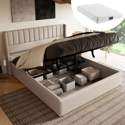 OEM Lit Coffre, Lit Capitonné, Lit Double Hydraulique 140x200cm, Sommier À Lattes En Bois, Lit Avec Cadre À Lattes En Métal, Lin, Beige (avec Matelas) - Publicité OEM Lit Coffre, Lit Capitonné, Lit Double Hydraulique 140x200cm, Sommier À Lattes En Bois, Lit Avec Cadre À Lattes En Métal, Lin, Beige (avec Matelas) - Publicité
