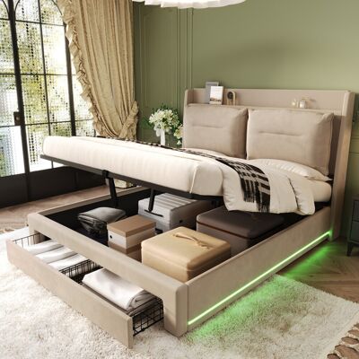 ACKERMAN Lit Capitonné Led, 180200, Lit Hydraulique, Tiroirs De Rangement 2-en-1 Au Pied Du Lit, Bandeaux Led Intégrés Des Deux Côtés, Sommier À Lattes, Sans Matelas, Velours, Beige - Publicité ACKERMAN Lit Capitonné Led, 180200, Lit Hydraulique, Tiroirs De Rangement 2-en-1 Au Pied Du Lit, Bandeaux Led Intégrés Des Deux Côtés, Sommier À Lattes, Sans Matelas, Velours, Beige - Publicité