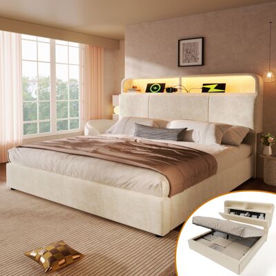 ACKERMAN Lit Double Capitonné 140x200 Cm Avec Tête De Lit De Rangement Réglable En Hauteur, Lit Hydraulique Avec Éclairage Led Et Station De Charge Usb/type-c, Velours, Beige, Sommier À Lattes Inclus (matelas - Publicité ACKERMAN Lit Double Capitonné 140x200 Cm Avec Tête De Lit De Rangement Réglable En Hauteur, Lit Hydraulique Avec Éclairage Led Et Station De Charge Usb/type-c, Velours, Beige, Sommier À Lattes Inclus (matelas - Publicité