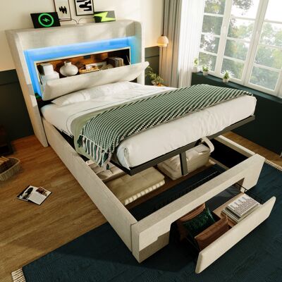 ACKERMAN Lit Capitonné 90x200 Cm Avec Rangement Hydraulique Et Tête De Lit Avec Compartiment De Rangement, Éclairage Led Et Ports Usb Et Usb-c, Sommier À Lattes En Bois, Beige, Lin, Sans Matelas - Publicité ACKERMAN Lit Capitonné 90x200 Cm Avec Rangement Hydraulique Et Tête De Lit Avec Compartiment De Rangement, Éclairage Led Et Ports Usb Et Usb-c, Sommier À Lattes En Bois, Beige, Lin, Sans Matelas - Publicité