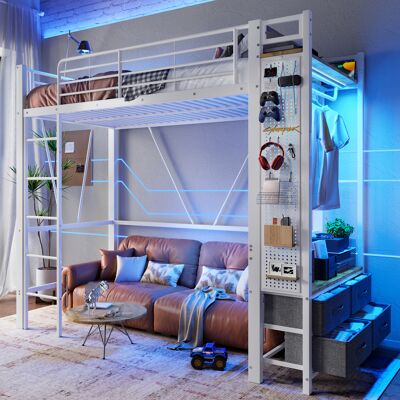 ACKERMAN Lit Mezzanine 90 X 200 Cm, Cadre En Fer, Barre De Séchage, Étagères, 4 Tiroirs, Prise Usb+type-c, Bandeau Led, Rambarde, Escalier, Avec Panneau Perforé, Sans Matelas, Blanc - Publicité ACKERMAN Lit Mezzanine 90 X 200 Cm, Cadre En Fer, Barre De Séchage, Étagères, 4 Tiroirs, Prise Usb+type-c, Bandeau Led, Rambarde, Escalier, Avec Panneau Perforé, Sans Matelas, Blanc - Publicité