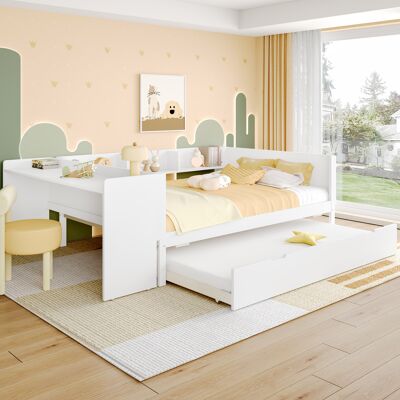 ACKERMAN Lit Plat, Lit En Bois, 140 X 200 Cm, Avec Bureau, Avec Lit Roulant, Lit Double (sans Matelas), Avec Étagères, Pin + Panneau De Particules, Blanc - Publicité ACKERMAN Lit Plat, Lit En Bois, 140 X 200 Cm, Avec Bureau, Avec Lit Roulant, Lit Double (sans Matelas), Avec Étagères, Pin + Panneau De Particules, Blanc - Publicité