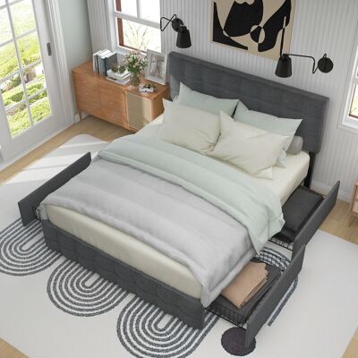 ACKERMAN Lit Rembourré Avec 4 Tiroirs, Lit Double Avec Sommier À Lattes, Lit De Rangement, Tête De Lit Réglable En Hauteur Et Design À Coutures Carrées, Support À Lattes En Métal, Matériau En Lin (140200 Cm, G - Publicité ACKERMAN Lit Rembourré Avec 4 Tiroirs, Lit Double Avec Sommier À Lattes, Lit De Rangement, Tête De Lit Réglable En Hauteur Et Design À Coutures Carrées, Support À Lattes En Métal, Matériau En Lin (140200 Cm, G - Publicité