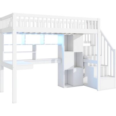 CAPSKA Caizilit Mezzanine, 90200cm, Avec Éclairage Led, Échelle De Rangement, Étagères, Compartiments De Rangement, Bureau, Sans Matelas, Blanc - Publicité CAPSKA Caizilit Mezzanine, 90200cm, Avec Éclairage Led, Échelle De Rangement, Étagères, Compartiments De Rangement, Bureau, Sans Matelas, Blanc - Publicité