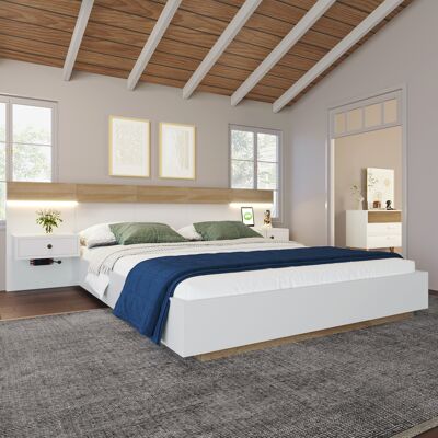 ALLAUVE Ensemble Chambre À Coucher 205x244x90.5 Cm (l/l/h) En Chêne Sonoma/blanc, Sans Matelas : Lit 140x200 Cm Bois + 2 Tables De Nuit Led Avec Ports Usb C - Publicité ALLAUVE Ensemble Chambre À Coucher 205x244x90.5 Cm (l/l/h) En Chêne Sonoma/blanc, Sans Matelas : Lit 140x200 Cm Bois + 2 Tables De Nuit Led Avec Ports Usb C - Publicité