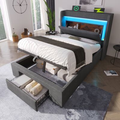 ACKERMAN Lit Capitonné 90x200 Cm Avec Rangement Hydraulique Et Tête De Lit Avec Compartiment De Rangement, Éclairage Led Et Ports Usb Et Usb-c, Sommier À Lattes En Bois, Gris, Lin, Sans Matelas - Publicité ACKERMAN Lit Capitonné 90x200 Cm Avec Rangement Hydraulique Et Tête De Lit Avec Compartiment De Rangement, Éclairage Led Et Ports Usb Et Usb-c, Sommier À Lattes En Bois, Gris, Lin, Sans Matelas - Publicité